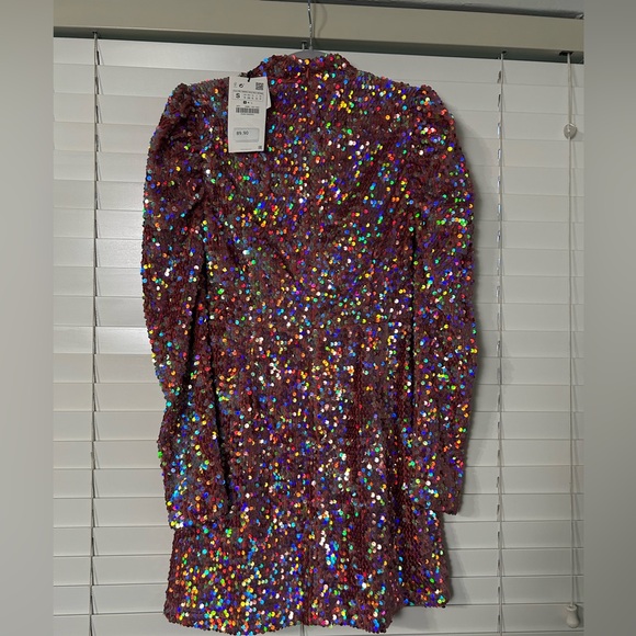Zara Pink Sequin Long Sleeve Dress - Picture 4 of 8